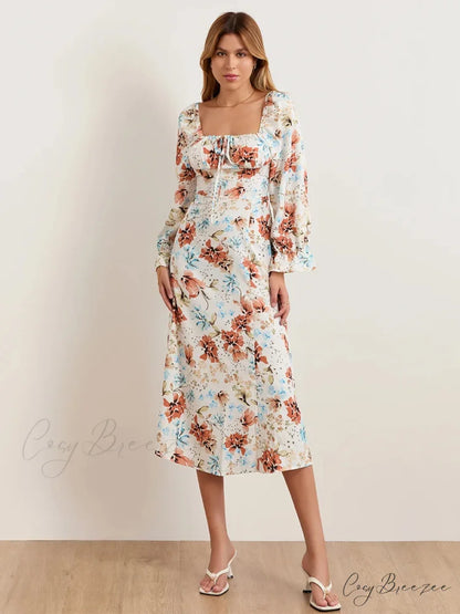 Charming Floral Midi Puff Sleeve Square Neck Dress floraldress-250126