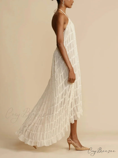 Charming Pleated Drawstring Waist Graceful Tiered Halterneck Midi Dress