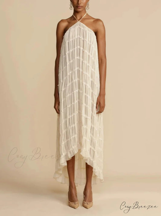 Charming Pleated Drawstring Waist Graceful Tiered Halterneck Midi Dress White / S
