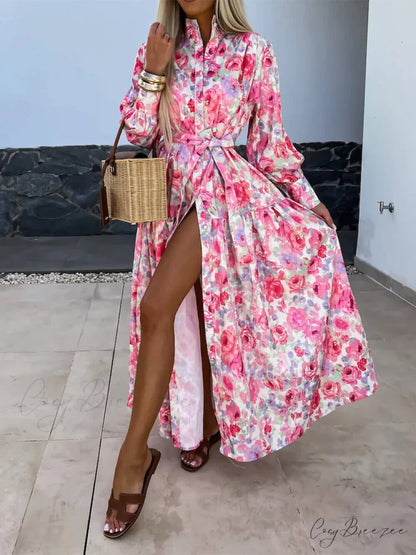 Charming Printed Shirt Buttons Graceful Plain Gold Floral Maxi Dress