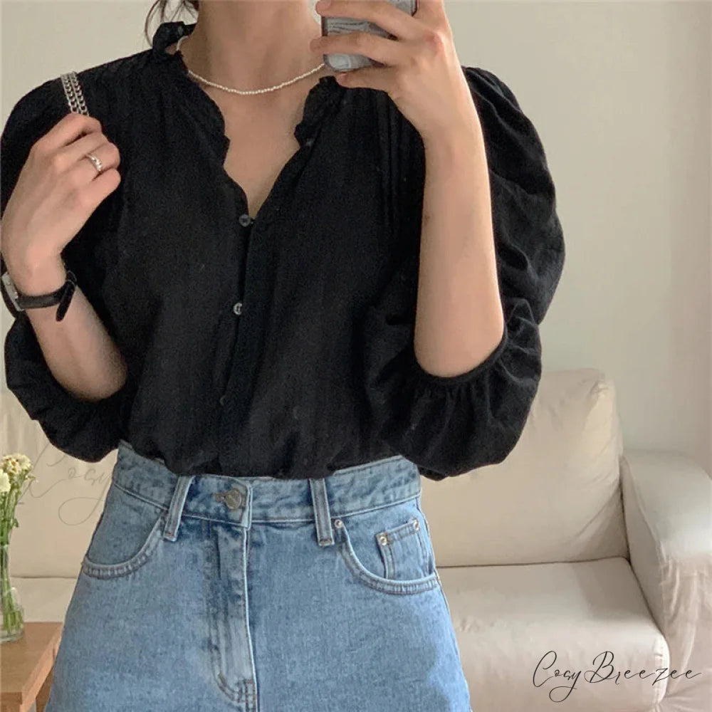 Charming Puff Sleeve Oversized Retro Shirt Black / S blouse-250223