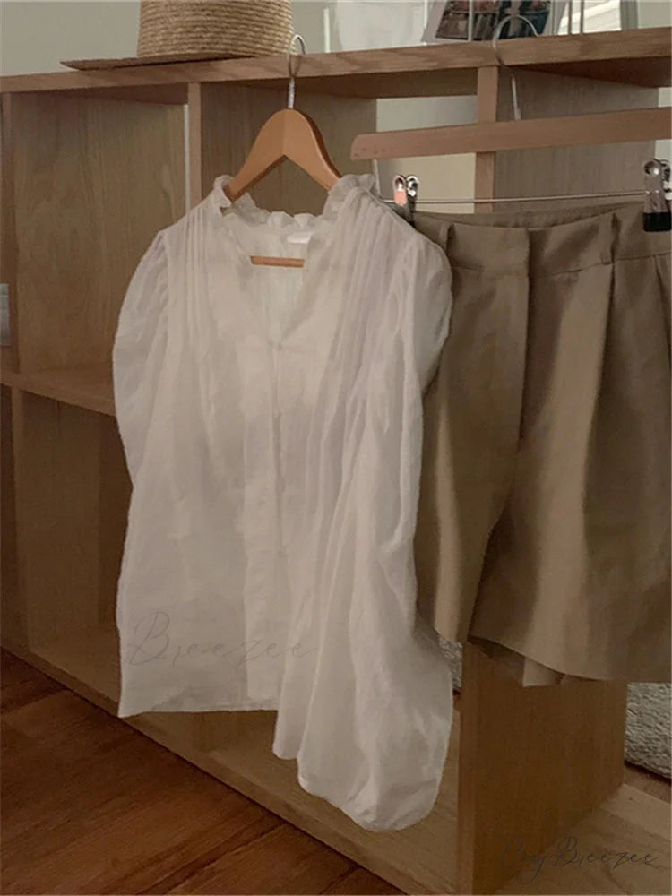 Charming Puff Sleeve Oversized Retro Shirt blouse-250223
