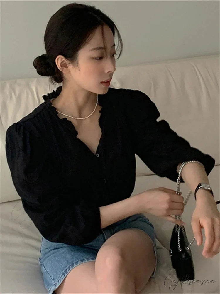 Charming Puff Sleeve Oversized Retro Shirt blouse-250223