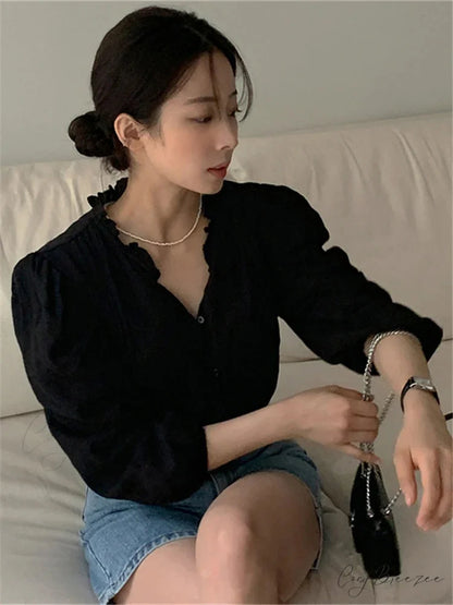 Charming Puff Sleeve Oversized Retro Shirt blouse-250223