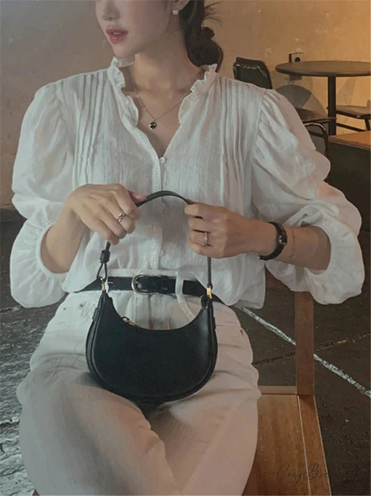 Charming Puff Sleeve Oversized Retro Shirt blouse-250223