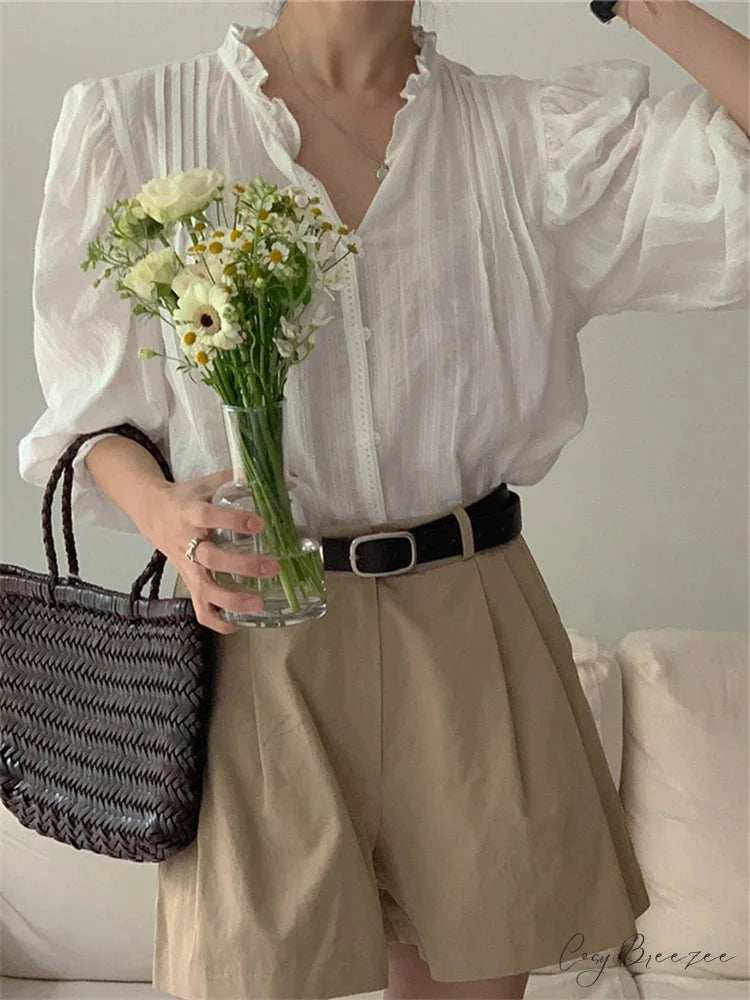 Charming Puff Sleeve Oversized Retro Shirt blouse-250223