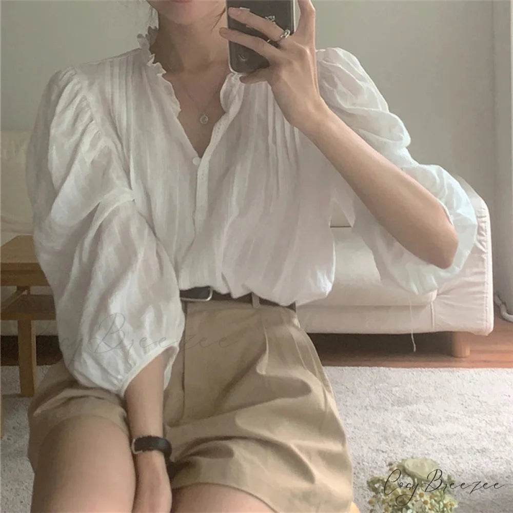 Charming Puff Sleeve Oversized Retro Shirt WHITE / S blouse-250223