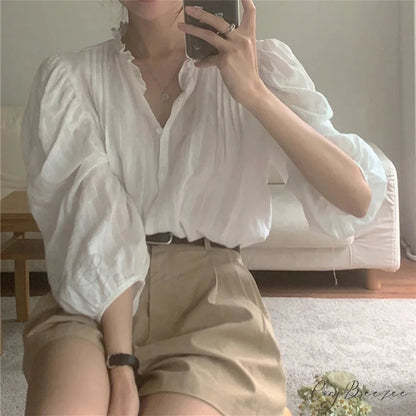 Charming Puff Sleeve Oversized Retro Shirt WHITE / S blouse-250223