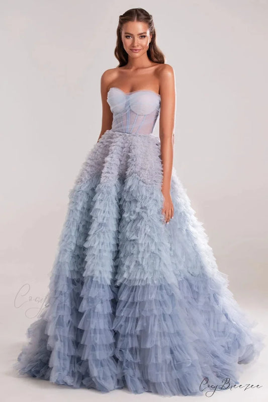 Chasing Desire Strapless Trendy Frill-Layered Maxi Dress Light Blue / 2