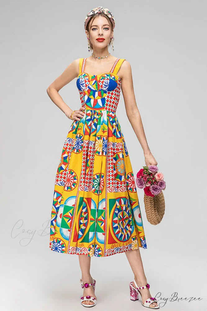 Chasing Sun Carretto Trendy Print Bustier Midi Dress