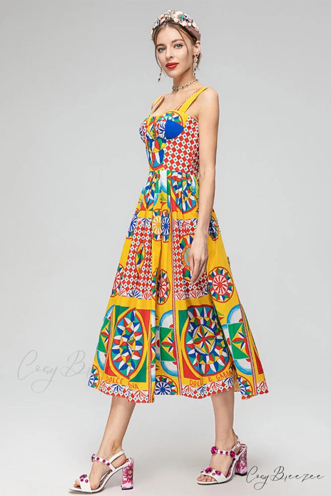 Chasing Sun Carretto Trendy Print Bustier Midi Dress