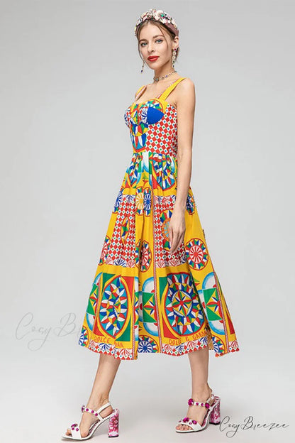 Chasing Sun Carretto Trendy Print Bustier Midi Dress