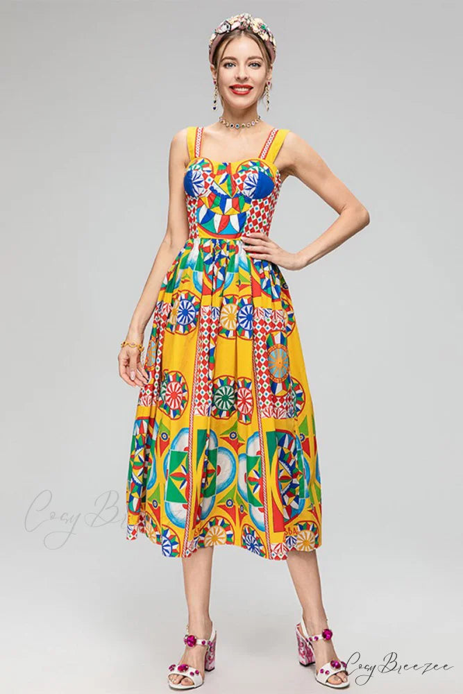 Chasing Sun Carretto Trendy Print Bustier Midi Dress