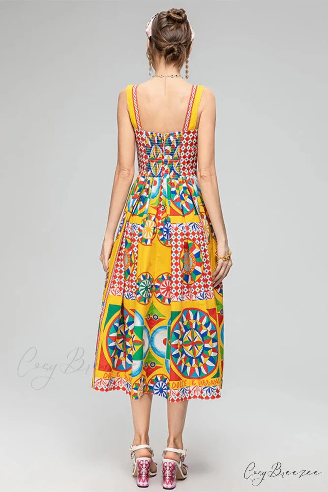 Chasing Sun Carretto Trendy Print Bustier Midi Dress