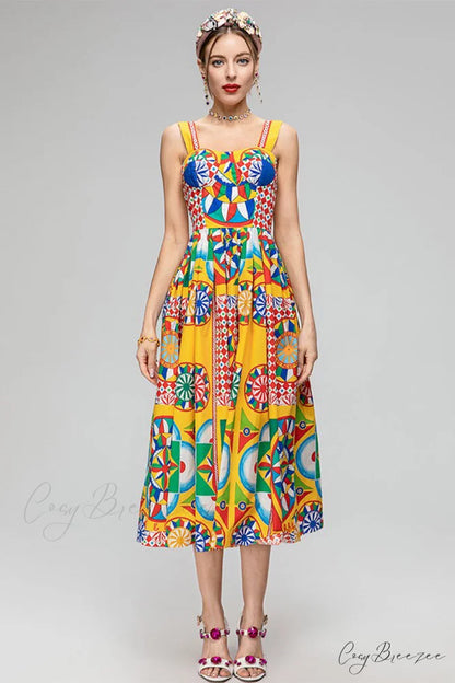 Chasing Sun Carretto Trendy Print Bustier Midi Dress Yellow / S