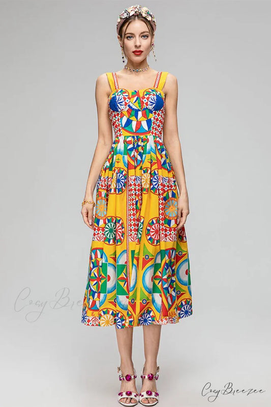 Chasing Sun Carretto Trendy Print Bustier Midi Dress Yellow / S