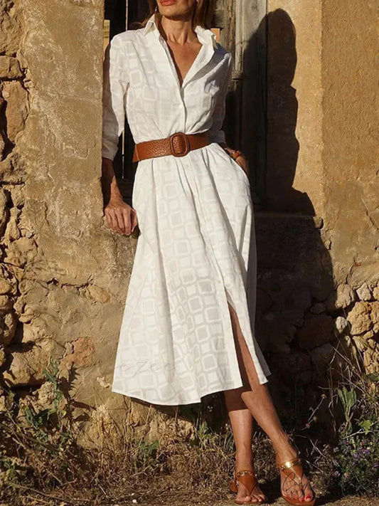 Check Print Belt Button Graceful Pocket Long Sleeve Midi Dress White / S