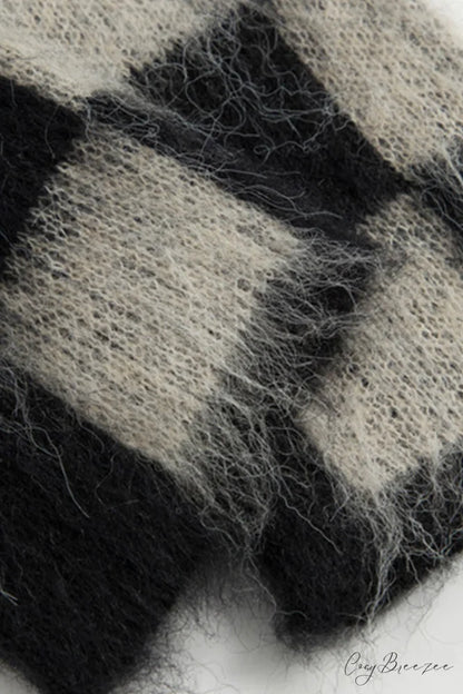 Checkerboard V Neck Mohair Sweater