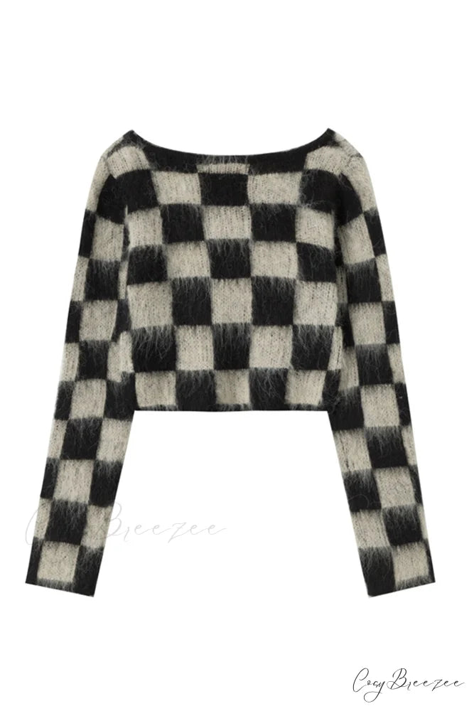 Checkerboard V Neck Mohair Sweater