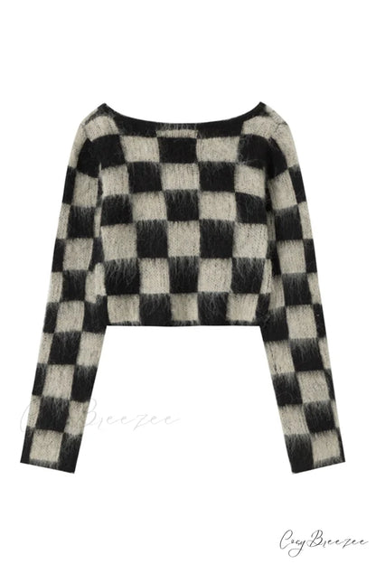 Checkerboard V Neck Mohair Sweater