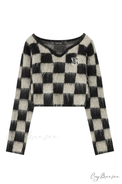 Checkerboard V Neck Mohair Sweater Black / S