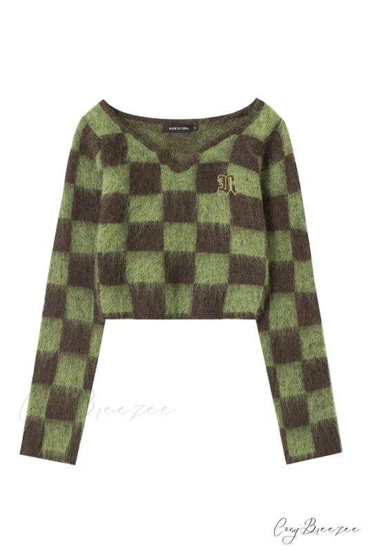 Checkerboard V Neck Mohair Sweater Green / S