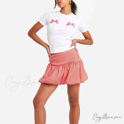 Checkered Bubble Plaid Style Skirt Red / S skirts-250223