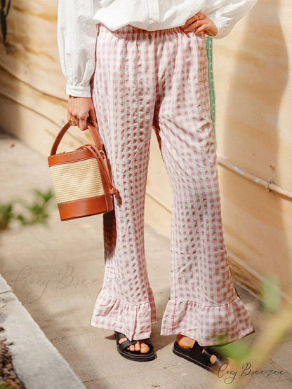 Checkered Flared Stretchy Waist Comfortable Pant Pink / S pant-250223