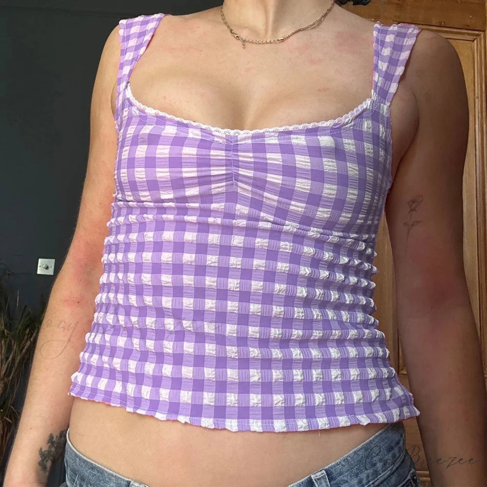 Checkered Lace Square Crop Top purple / S croptop-250223