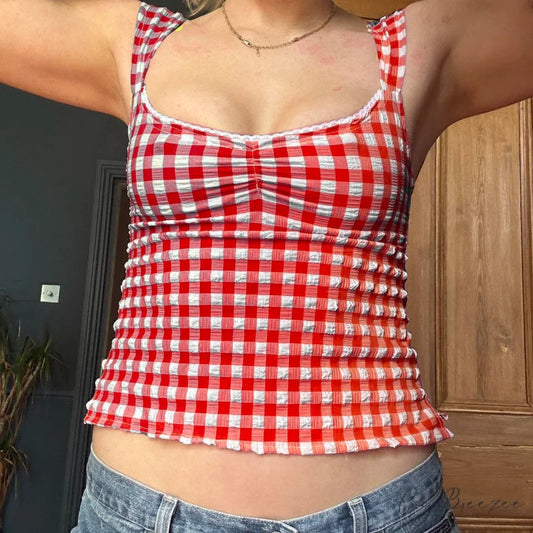 Checkered Lace Square Crop Top red / S croptop-250223