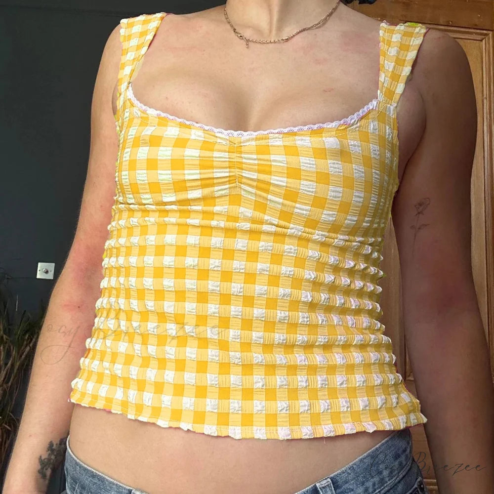Checkered Lace Square Crop Top yellow / S croptop-250223