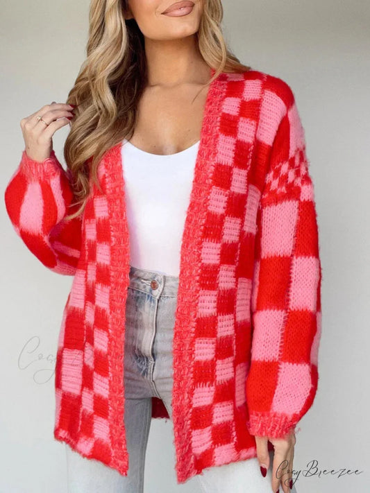 Checkered Loose Full Sleeve Open Front Cardigan cardigans-241228