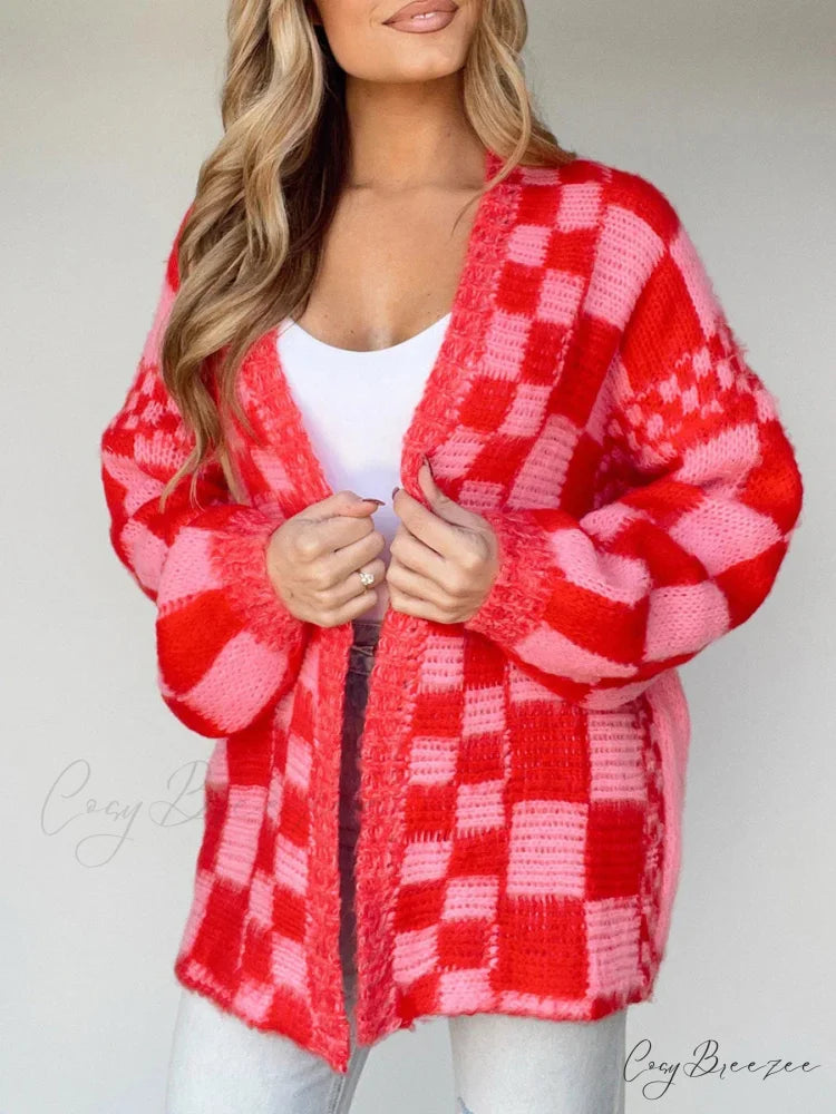 Checkered Loose Full Sleeve Open Front Cardigan cardigans-241228
