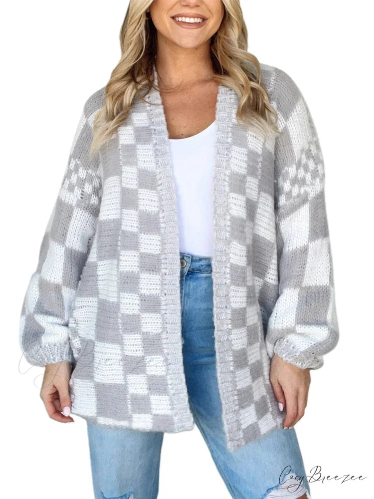 Checkered Loose Full Sleeve Open Front Cardigan GRAY / S cardigans-241228