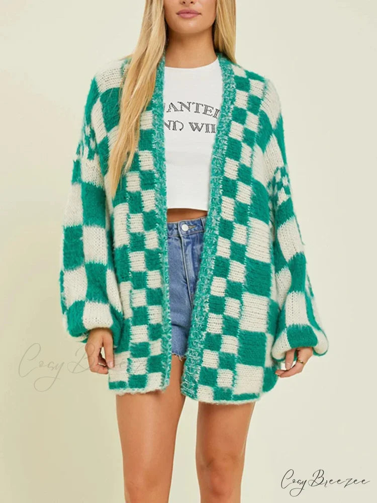 Checkered Loose Full Sleeve Open Front Cardigan Green / S cardigans-241228