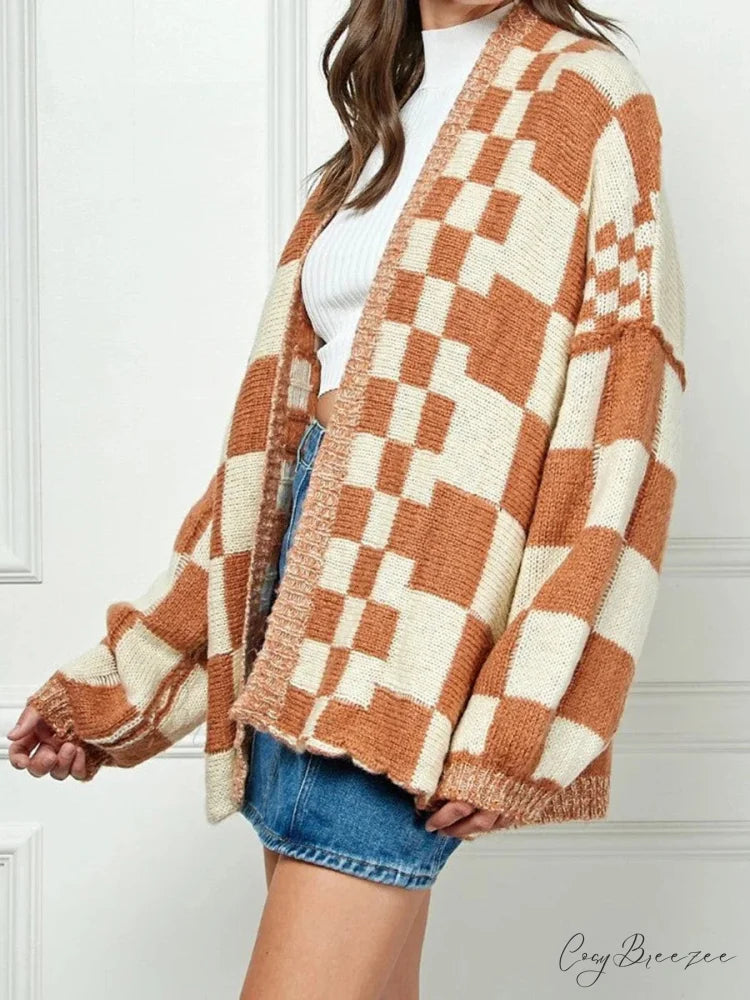 Checkered Loose Full Sleeve Open Front Cardigan light brown / S cardigans-241228