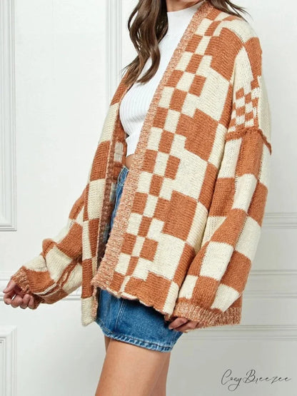 Checkered Loose Full Sleeve Open Front Cardigan light brown / S cardigans-241228