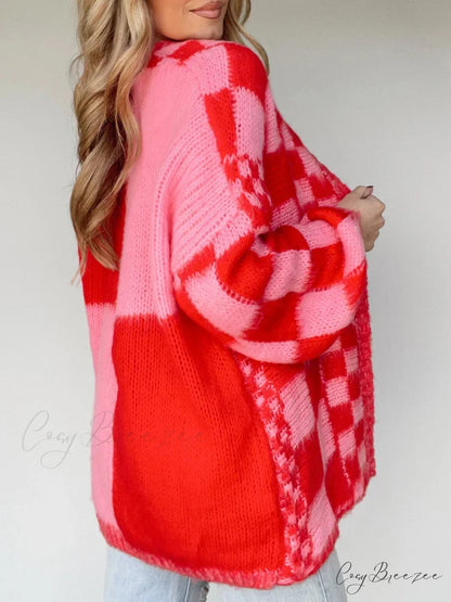 Checkered Loose Full Sleeve Open Front Cardigan Pink / S cardigans-241228