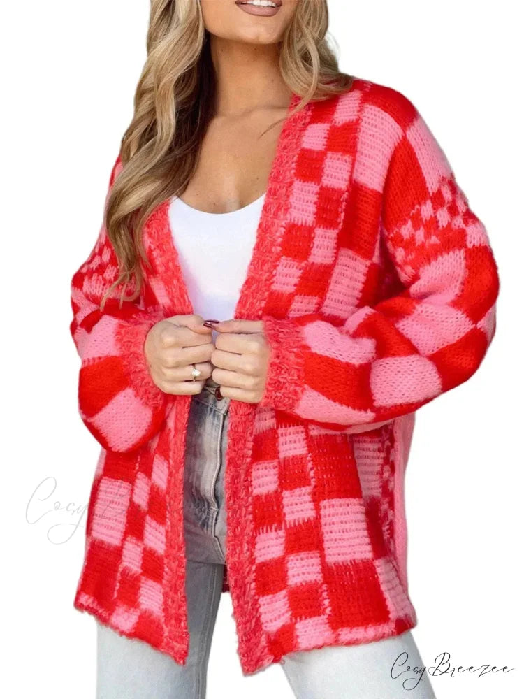 Checkered Loose Full Sleeve Open Front Cardigan Red / S cardigans-241228