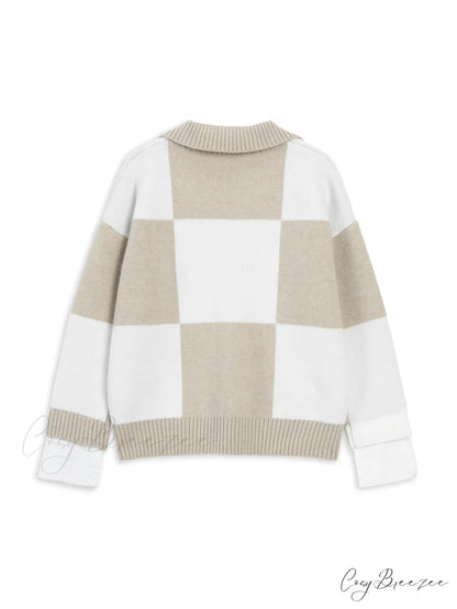 Checkered Open Graceful Collar Sweater