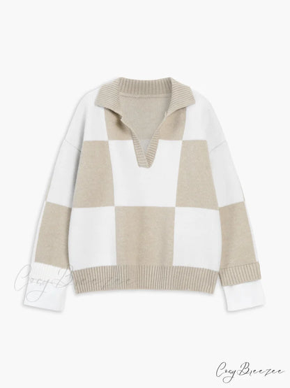 Checkered Open Graceful Collar Sweater Khaki / XS