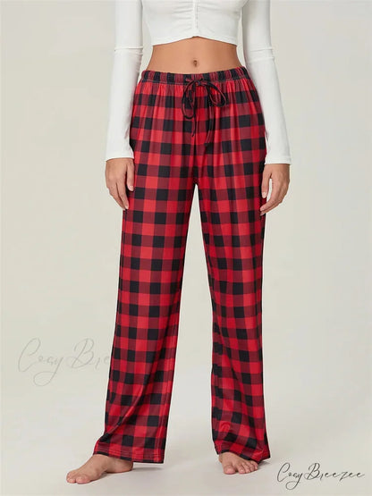 Checkered Pattern Lace-Up Side-Cut Casual Spacious Pant RED / S pant-250223