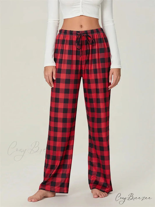Checkered Pattern Lace-Up Side-Cut Casual Spacious Pant RED / S pant-250223