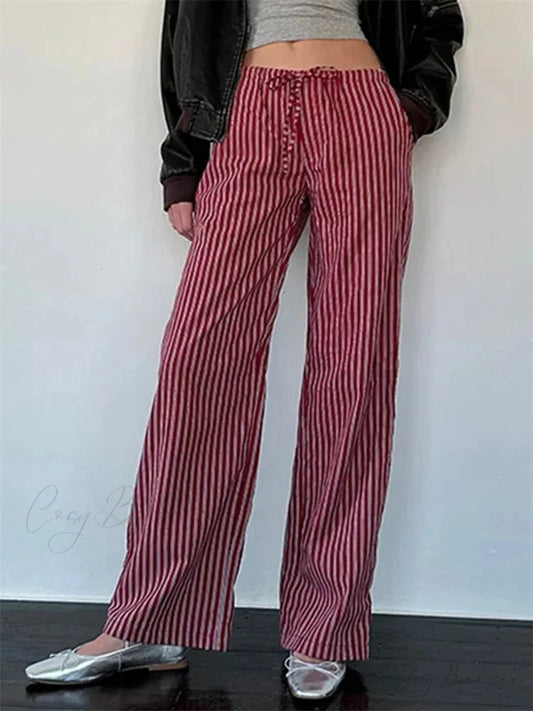 Checkered Pattern Spacious Casual Spring Summer Pant RED / S pant-250223