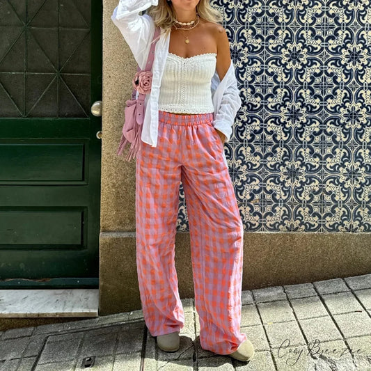 Checkered Red Elevated-Waist Flare Plaid Pant pant-250223