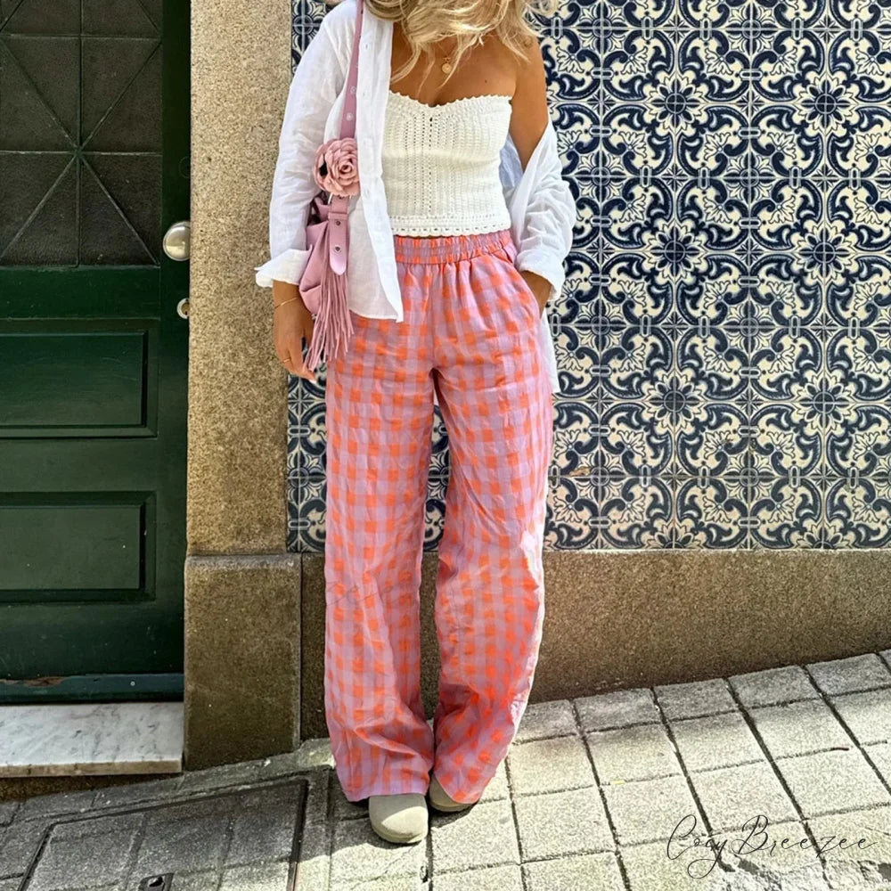 Checkered Red Elevated-Waist Flare Plaid Pant pant-250223