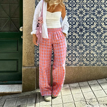 Checkered Red Elevated-Waist Flare Plaid Pant pant-250223