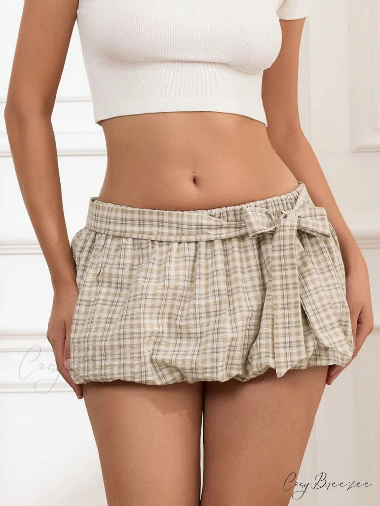 Checkered Ribbon Bandage Pleated Skirt skirts-250223