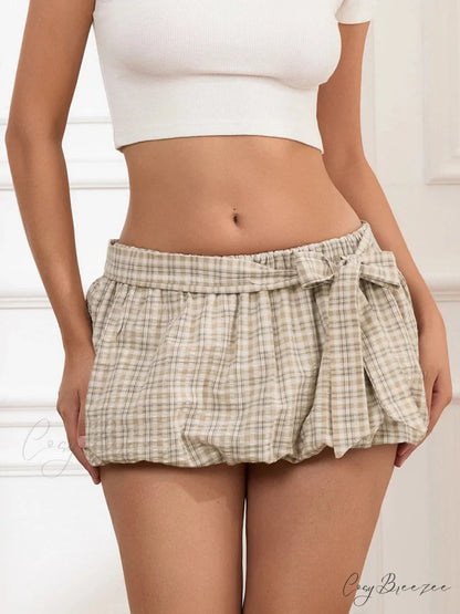 Checkered Ribbon Bandage Pleated Skirt skirts-250223
