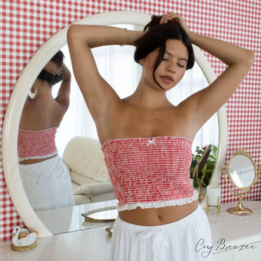 Checkered Ribbon Lace Crop Top Red / S croptop-250223